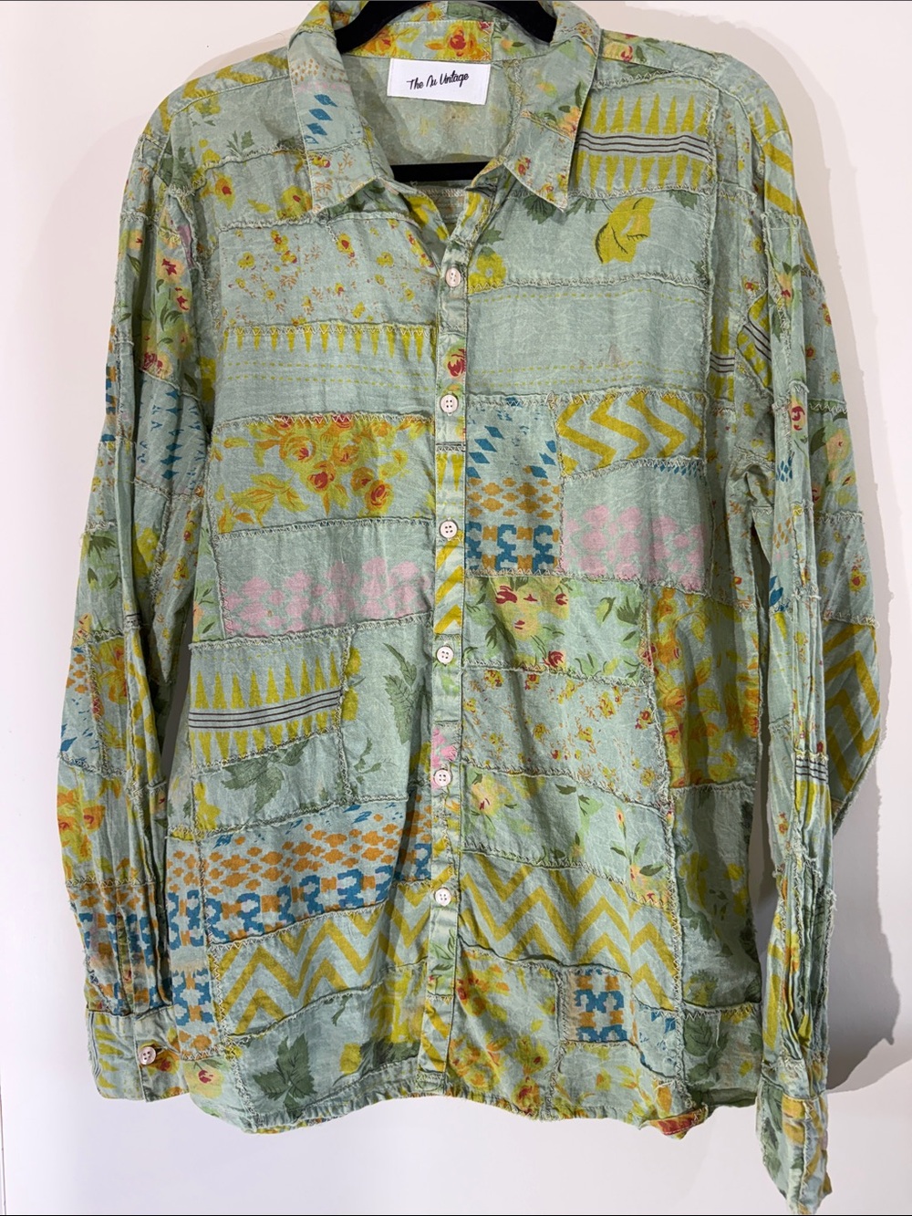 The Nu Vintage Floral Patch work Shirt in Mint, Yellow & Pink Boho Size Large